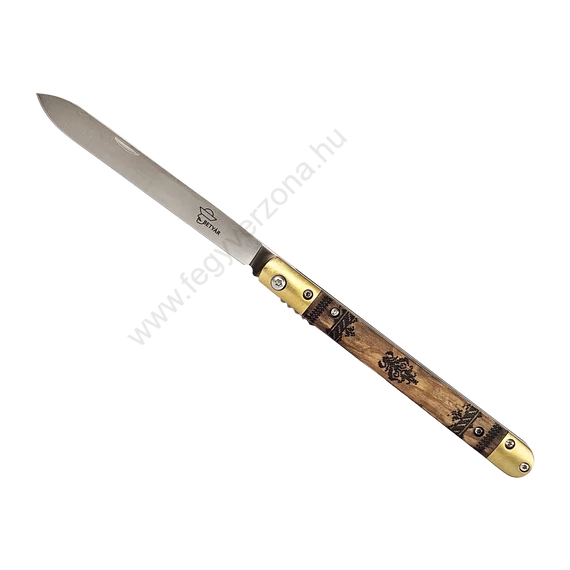 Betyár bicska, szalonnázó, olajfa markolat, népi motívum